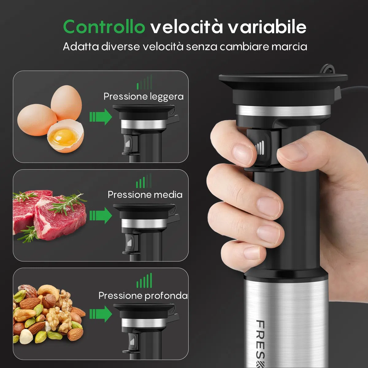 FRESKO Frullatore a Immersione 1000W, Asta in Acciaio Inox con Protezione Pentole, Bicchiere Dosatore 700ml, Velocità Variabili – per Pappe, Zuppe, Frullati, Purè, Salse