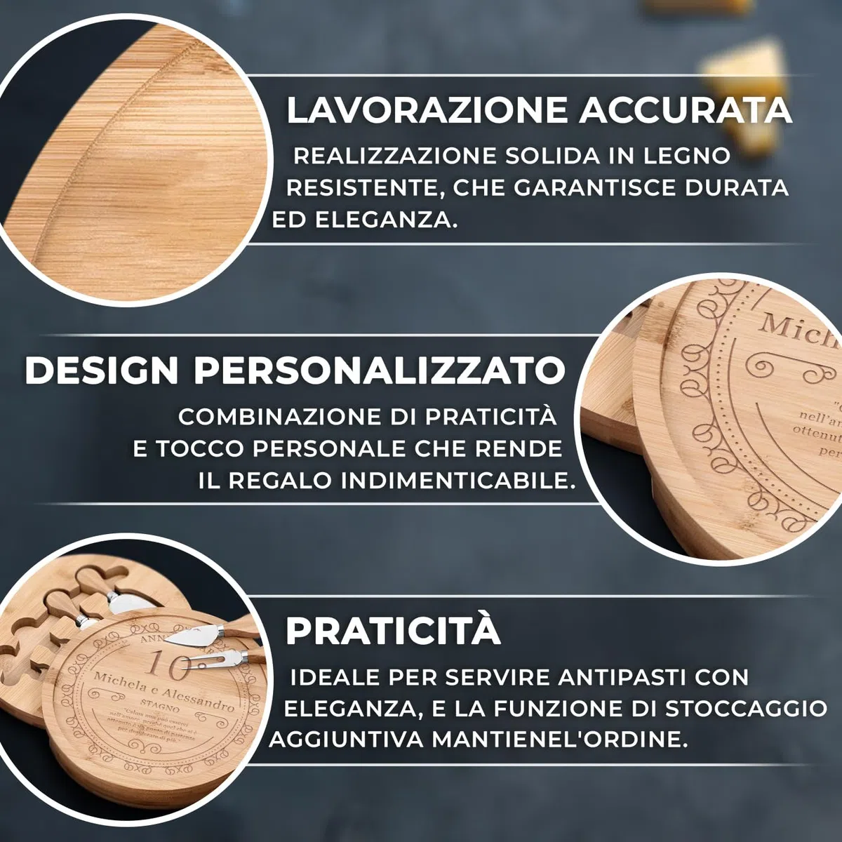 Maverton Tagliere per formaggio in legno - H3,6 cm x Ø25 cm - set 3 coltelli 1 forchetta - incisione personalizzata - regalo SanValentino per coppia - regalo di Natale - punto di partenza