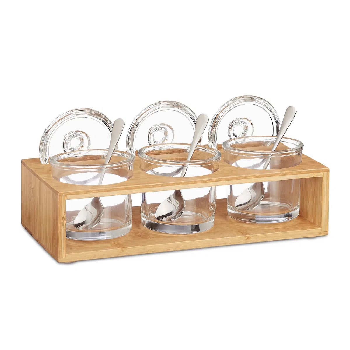 Relaxdays Barattoli da Cucina in Vetro, Set da 3, Base Bambù, Porta Spezie, Cucchiaio e Coperchio, Naturale Trasparente