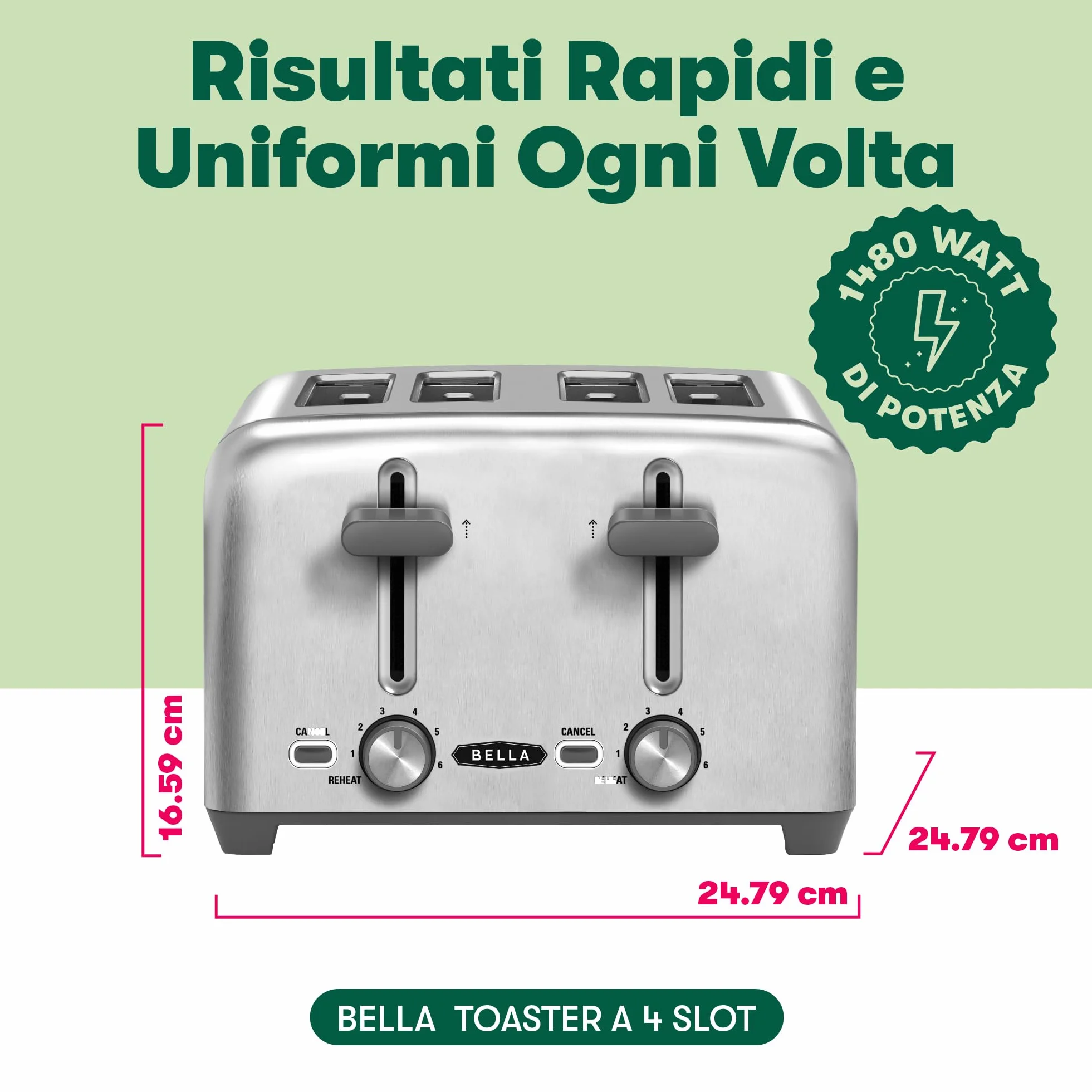 bella Tostapane a 4 fette, risultati rapidi e uniformi ogni volta, ampie fessure si adattano a pane di qualsiasi dimensione come bagel o toast texas, acciaio inossidabile, 4 Fette