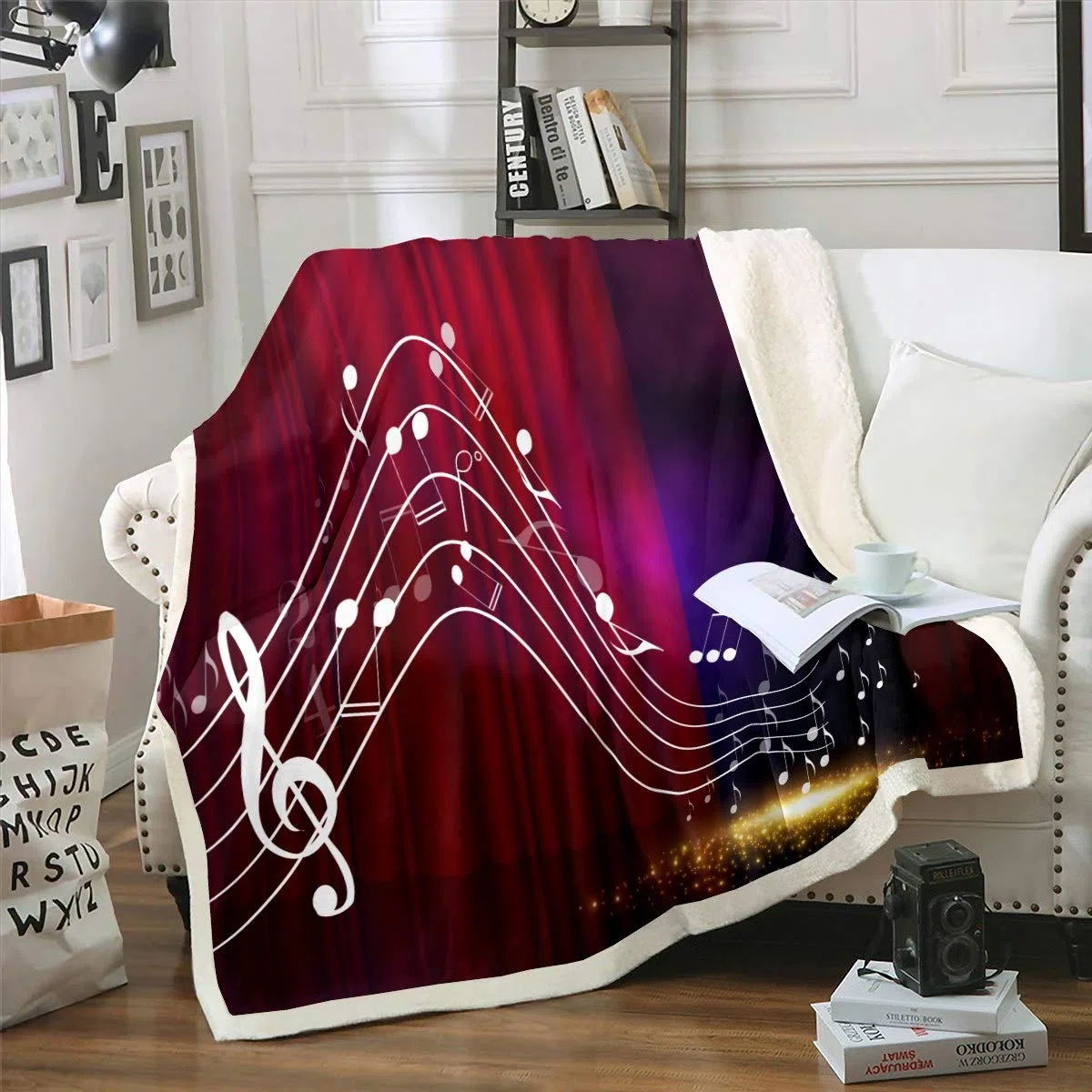 Loussiesd Coperta in pile con motivo a note musicali, per divano, divano, musica classica, a tema, sherpa, decorativa, colorata, in peluche, idea regalo per gli amanti della musica, coperta sfocata,