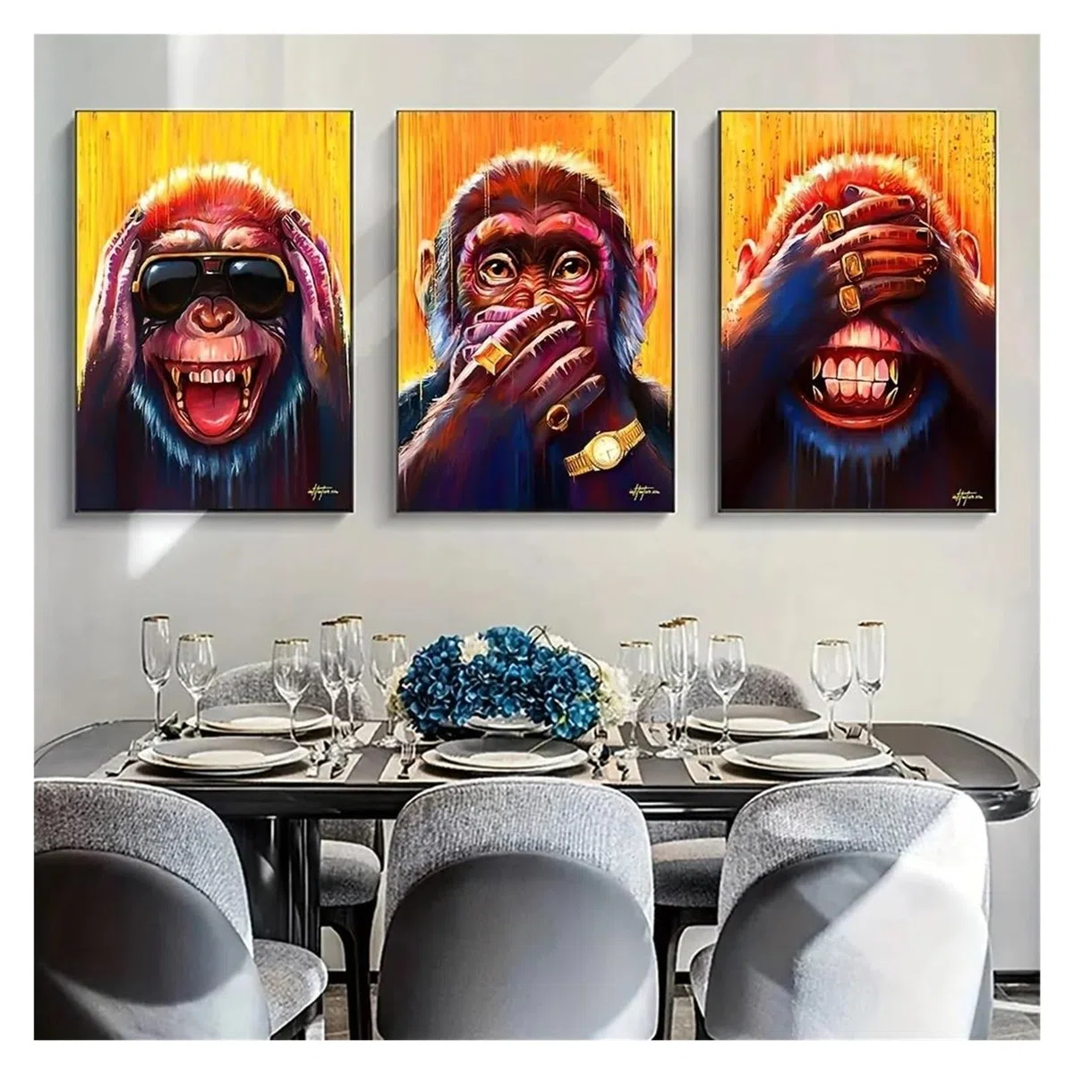 Stampe su Tela per pareti 3 Pezzi Tre Divertenti Scimmie Animali Poster E Stampe Animali Auricolari Dipinti su Tela per Bambini Soggiorno Wall Art Decor Poster(40x60)