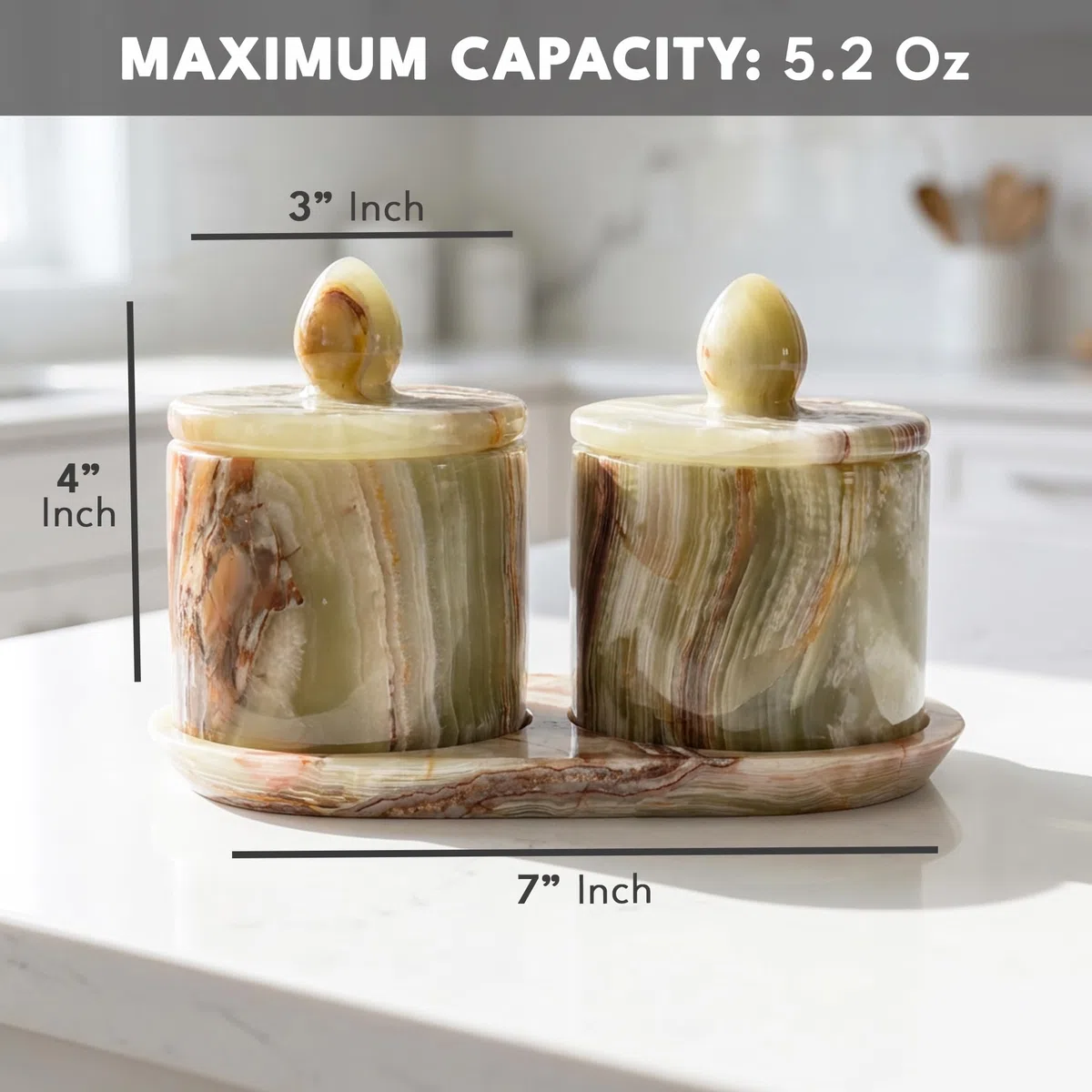 MARBLE RANGE Set di 2 contenitori per sale in marmo con coperchio e vassoio, 10 cm, in onice verde, fatti a mano, set di 2 barattoli per condimenti, contenitori per spezie per piano di lavoro
