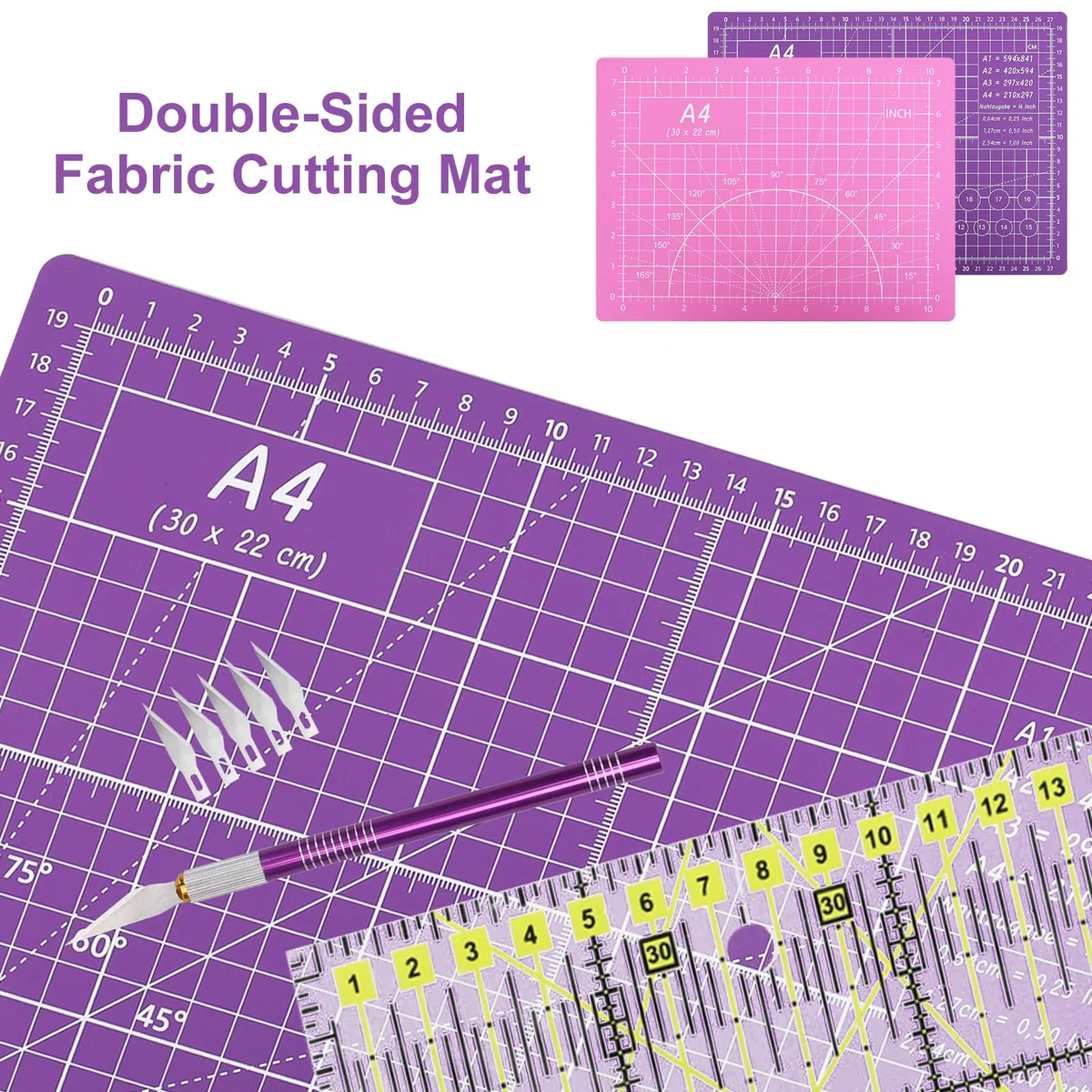 SAMISO Taglierina rotativa,Cutter per Tessuti con Lame Sostitutive, Tappetino da Taglio,Righello patchwork, Coltello di precisione,Righello,Coltello da Intaglio per Cucito, Artigianali