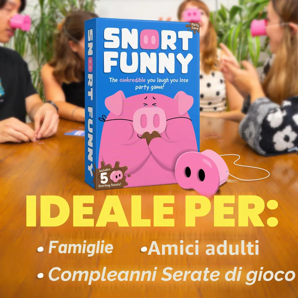 Snort Divertente – Il Fantastico Gioco di Partito in cui Ridi Perdi, Giochi di Famiglia per Bambini e Adulti con 150 Carte Sfida, 5 Nasi di Maiale & Gettoni di Fango, Giochi Divertenti per Amici e