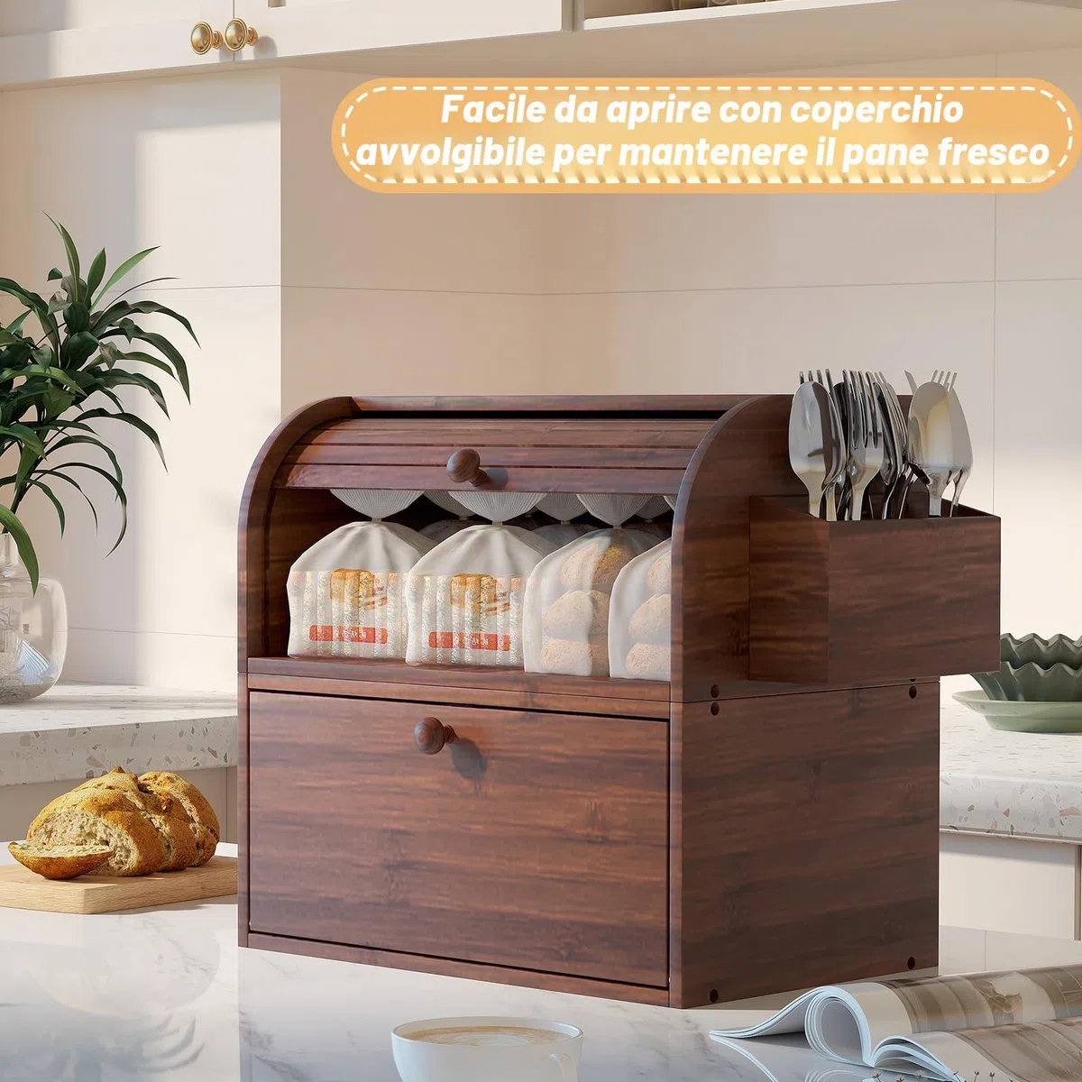 TQVAI Portapane Legno, Porta Pane da Cucina in Bambù Contenitore Grande 2 Ripian Capacità con Coperchio Arrotolabile Cestino per Posate, Marrone Retrò, 37,98 x 24,9 x 36,06CM(L*P*A)