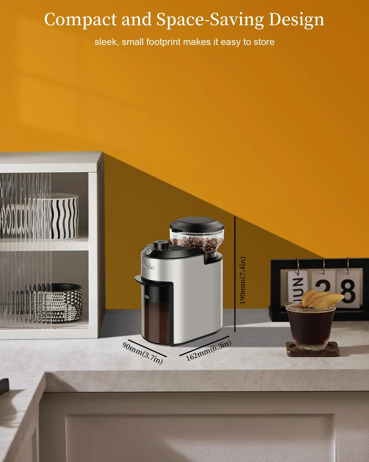 Macinacaffè a macine Wancle 200W con 28 impostazioni di macinatura, protezione dal surriscaldamento, capacità da 2 a 12 tazze, design compatto per una facile conservazione, Acciaio Inossidabile, 220V