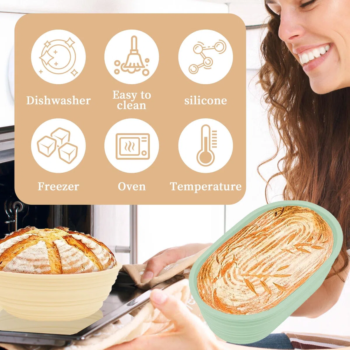 mumisuto Cestino Lievitazione Pane Silicone, 2 Pezzi Cestino per Lievitazione Pane Pieghevole, Cestino Pane 23,5 cm Rotondo & 26 cm Ovale, con 3 Spatole & 1 Pennello, per Pane Fatto in Casa e Pasta