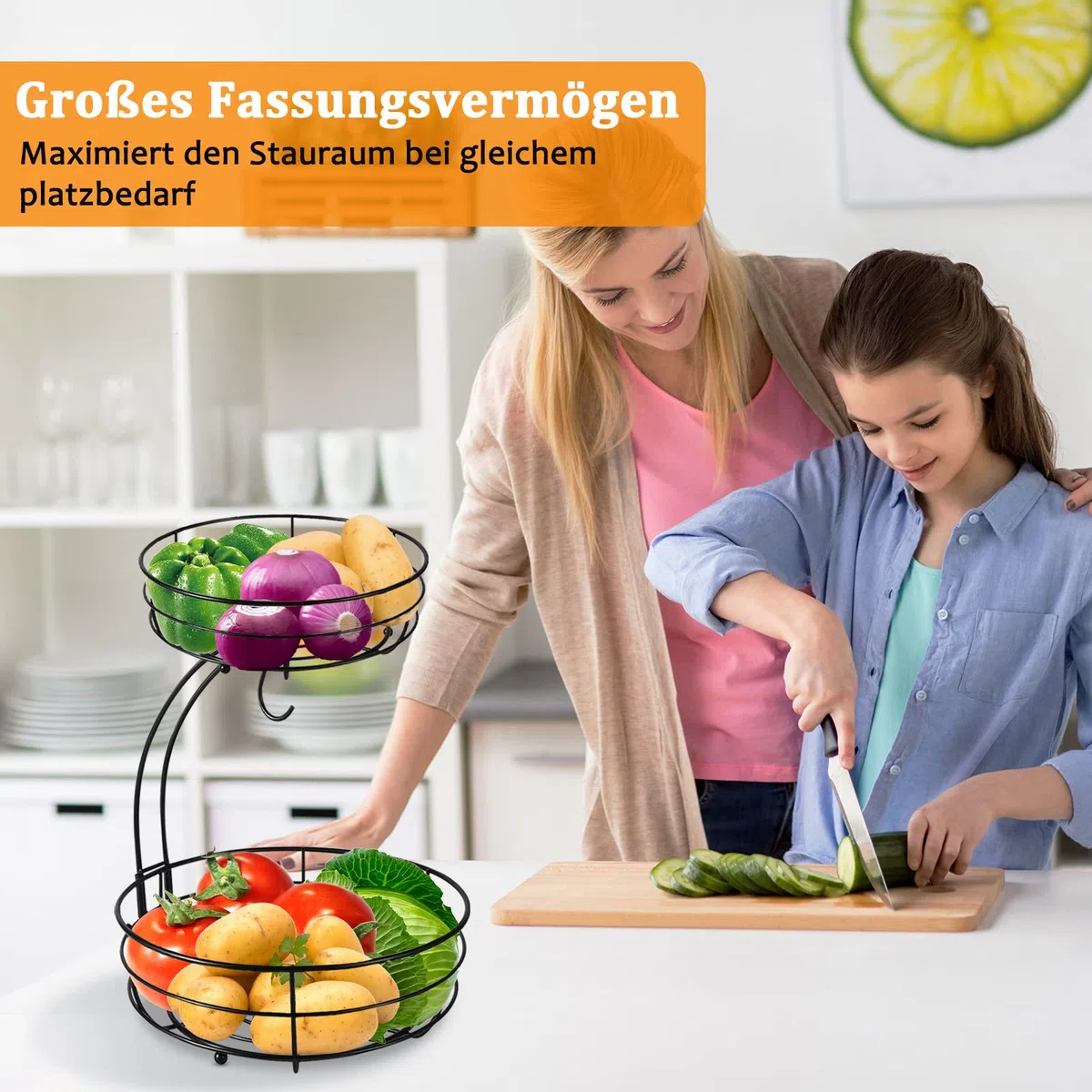 Cesto per frutta con porta banana – 2 ripiani in metallo – Cucina in piedi moderni ciotole per frutta – Cestino decorativo per frutta – Nero