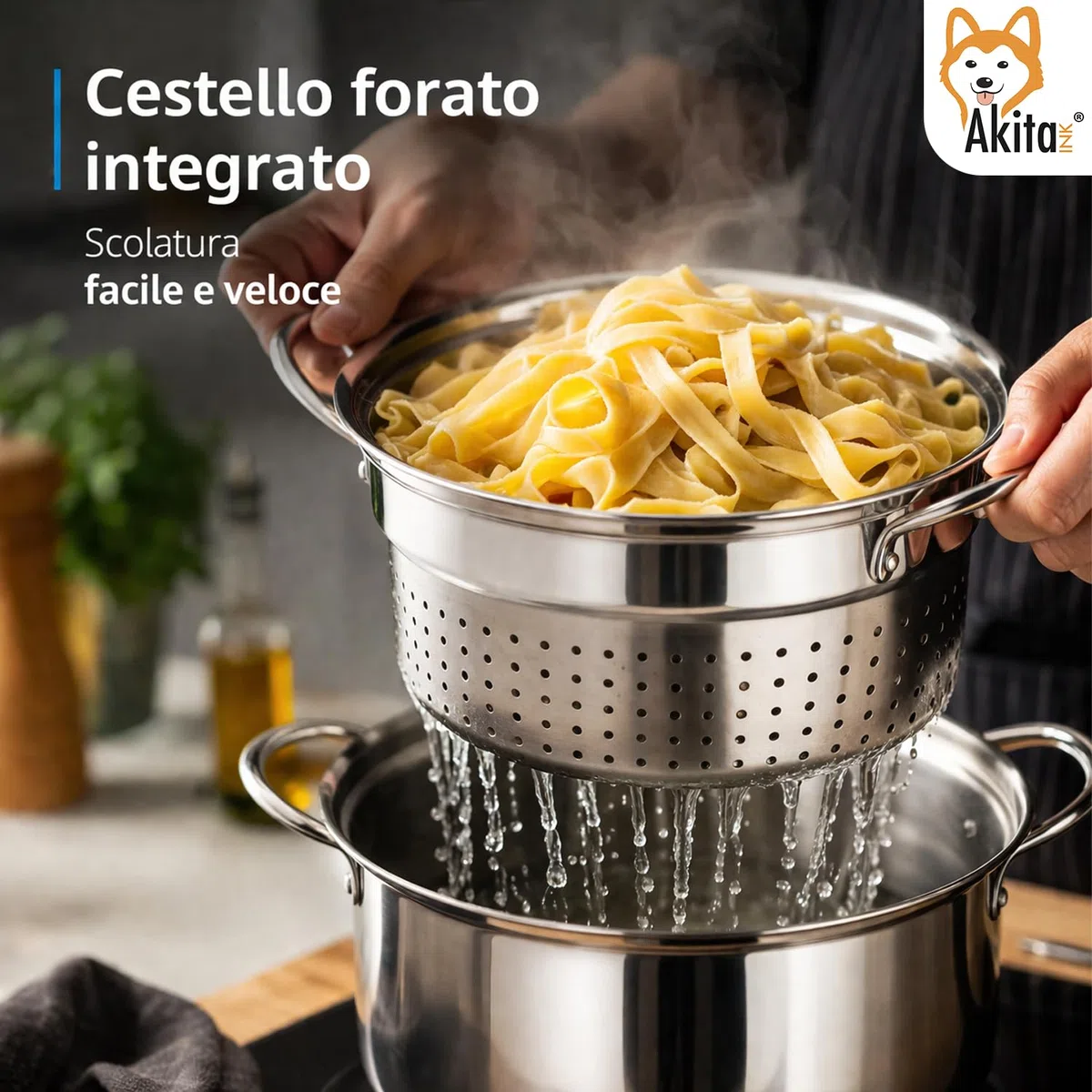 AKITAInk Bollipasta 22 cm in Acciaio Inox con Cestello e Coperchio in Vetro Temperato, Pentola per Pasta con Fondo Termodiffusore e Scolapasta Integrato