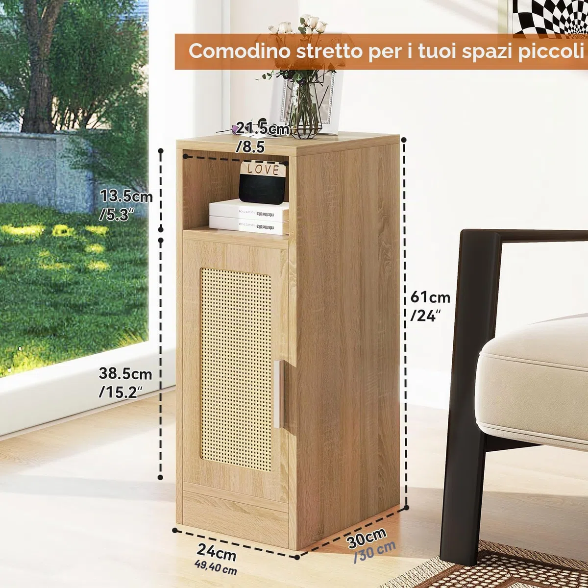 IBUYKE Set di 2 comodini sottili, comodino in rattan con scomparti aperti e armadio per piccoli spazi, tavolino laterale piccolo e stretto per camera da letto e soggiorno, naturale WNS012N-2