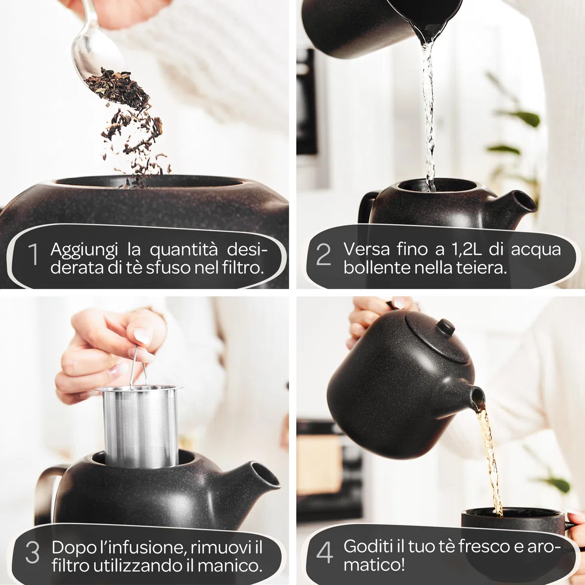 STEINZEIT Design Teiera con infusore (1,3L) - Teiera con filtro in acciaio inossidabile 304 - Teiera ceramica con smaltatura unica e filtro estraibile - Teiera nera