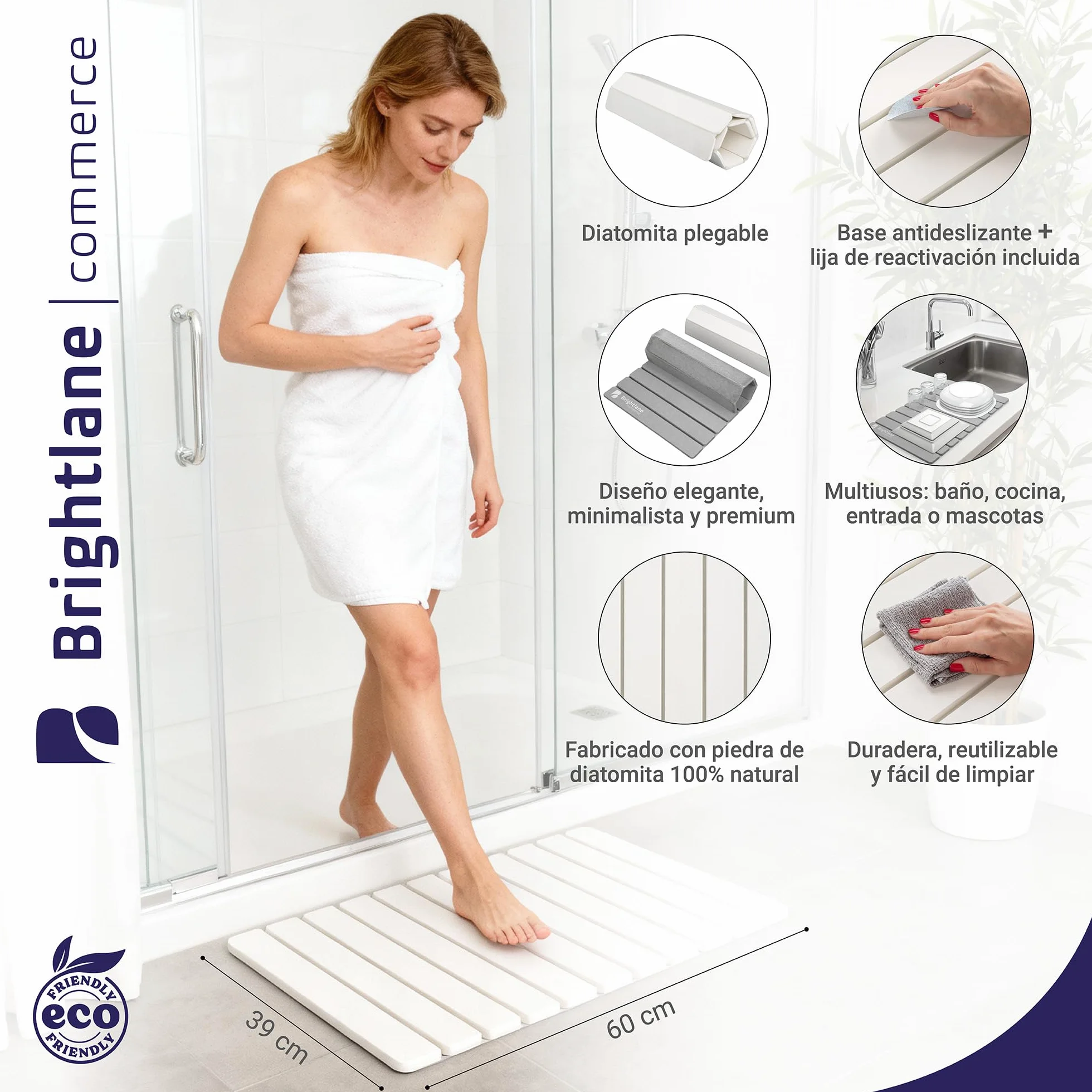 BRIGHTLANE - Tappetino pieghevole in diatomite, 60 x 39 cm, ad asciugatura ultra rapida, antiscivolo e anti-umidità, tappetino da bagno flessibile e base per cucina o scolapiatti (BLDHR6039, grigio)