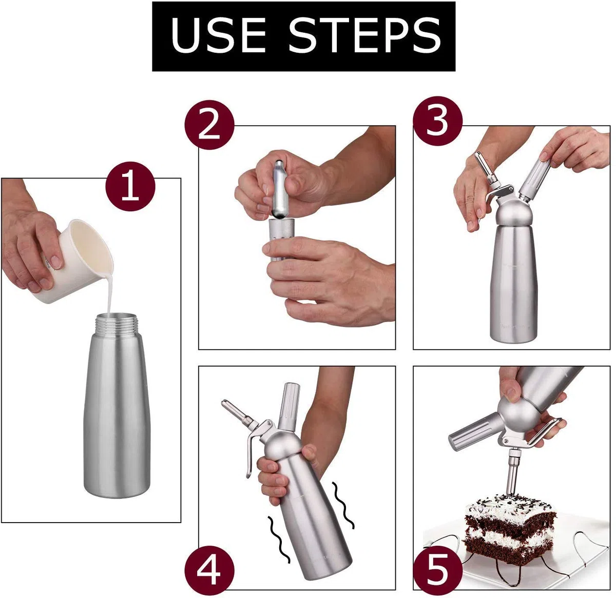 Sifoni Panna Montata 500ML Professionale Sifone per Panna Montata Plus 3 Ugelli Sifone da Cucina per Decorazione in Acciaio inox torte di Compleanno Gelato Formaggio Pasticceria Frullati e Dessert