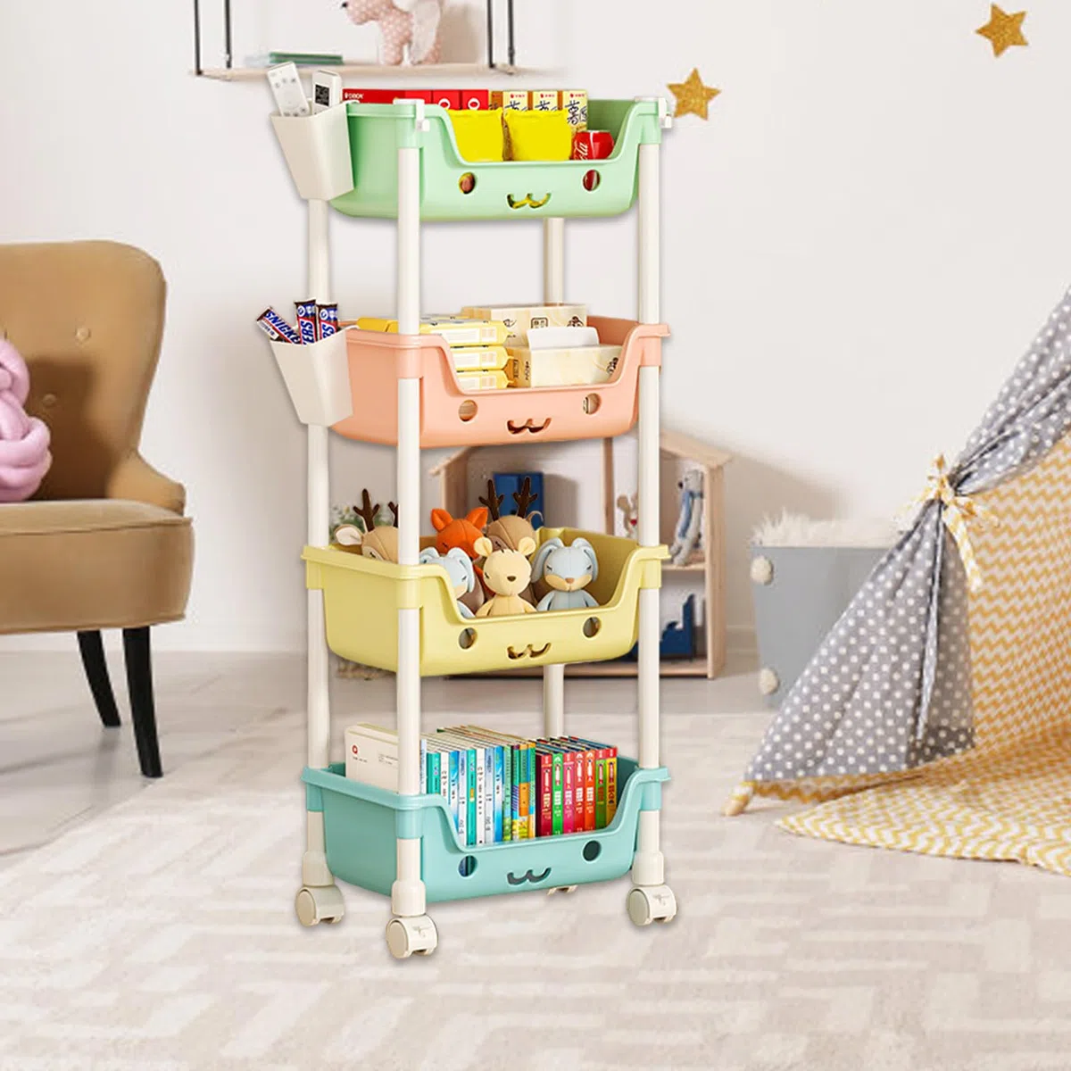 Organizzatore per giocattoli piccoli - Scaffale multilivello con ruote, grandi contenitori con ruote + accesso facilitato, in durevole + struttura rinforzata, per camerette dei bambini, sala