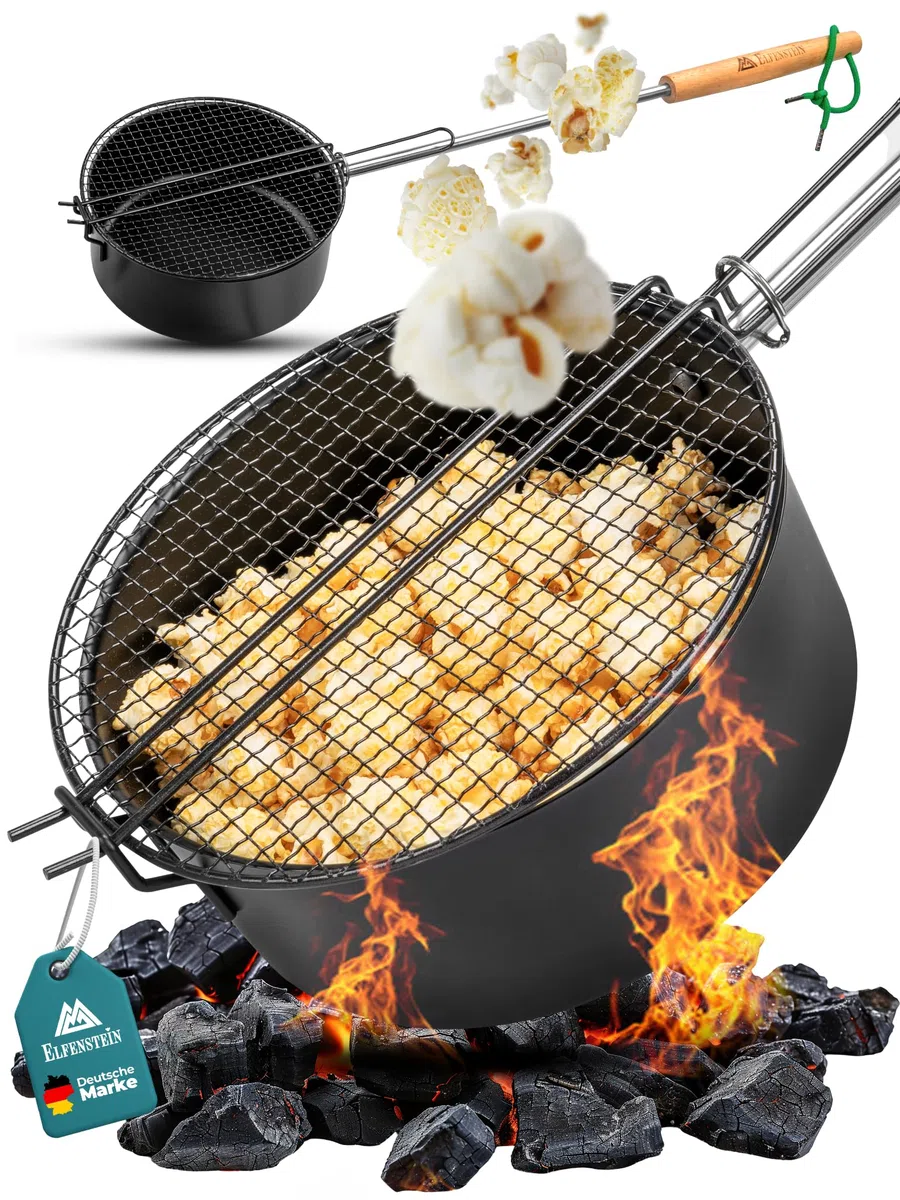 ELFENSTEIN Popcorn Maker Falò in acciaio al carbonio di alta qualità e maniglia di sicurezza, padella per popcorn all'aperto per falò, barbecue e braciere, accessori da giardino e campeggio per