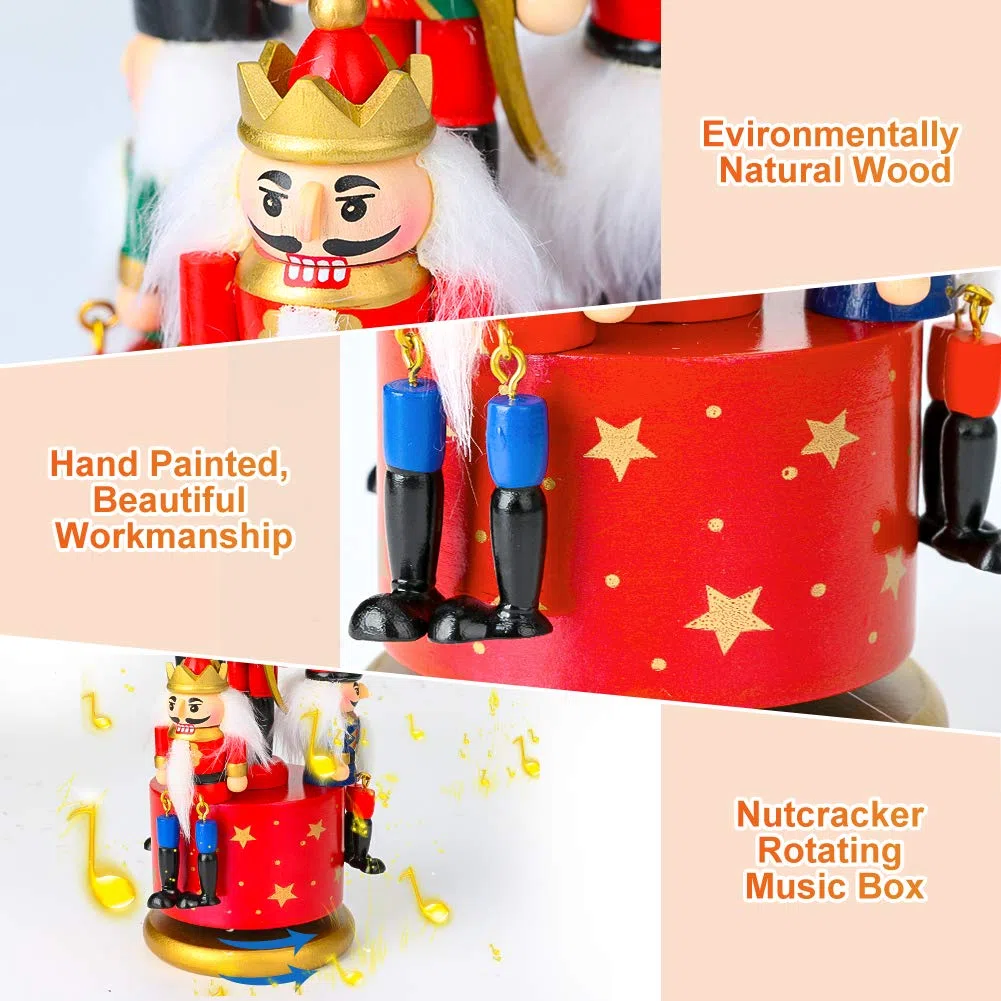 Carillon in legno per schiaccianoci con 4 soldati, con meccanismo a orologio e base rotonda per decorazione domestica, decorazione per festival decorazioni natalizie idea regalo 21 cm(Rosso)