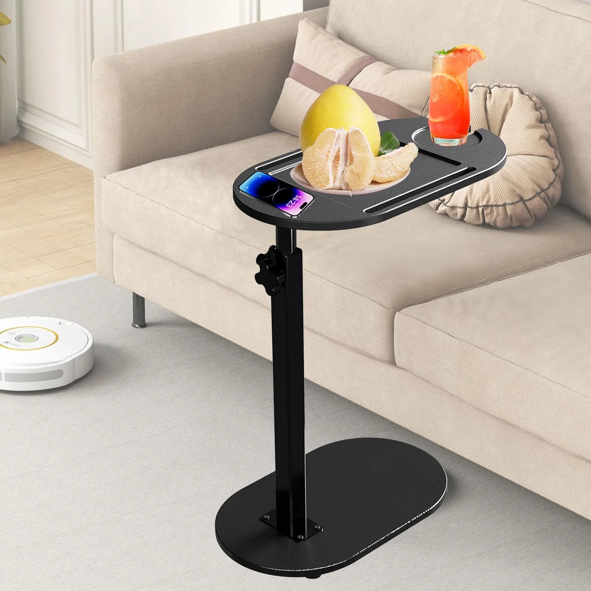 PORFOYO Tavolino in legno, a forma di C e piano girevole a 360 gradi, altezza regolabile da 41 a 81 cm, tavolini per soggiorno, divano, bagno, letto come tavolino da caffè o tavolo per laptop