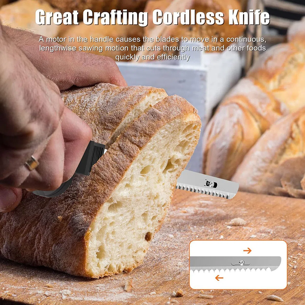 Coltello da intaglio elettrico, Coltello da pane ricaricabile a batteria, Coltello da bistecca portatile con due lame in acciaio inossidabile Rilascio di trigger di blocco di sicurezza per pane