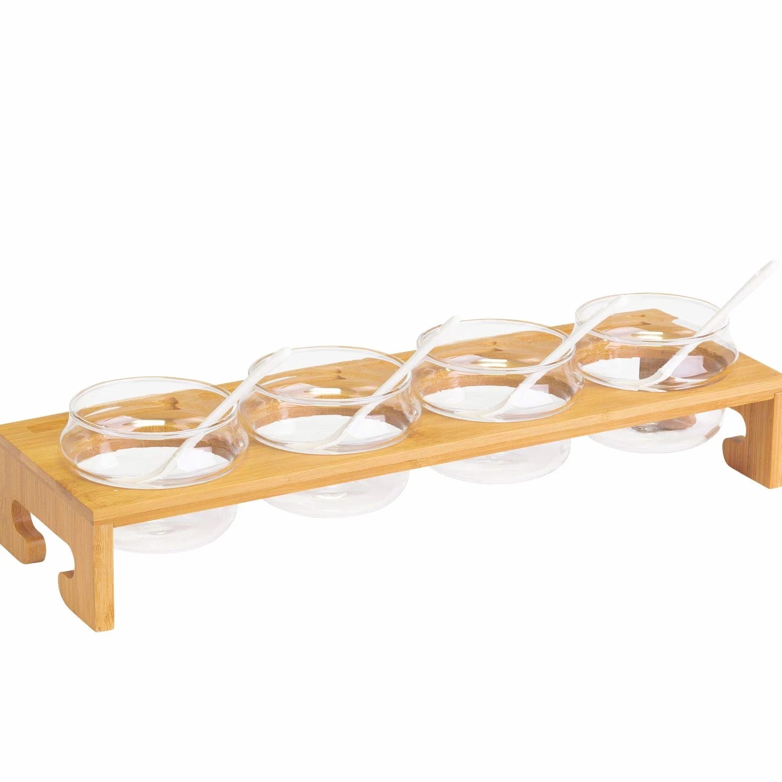 Westmark Set per marmellate/spezie, 13 pz., 1 base + 4 contenitori + 4 coperchi + 4 cucchiai, Larghezza: 38,5 cm, Bambù/Vetro/Ceramica, Tapas + Friends, Marrone chiaro/Bianco, 69902260