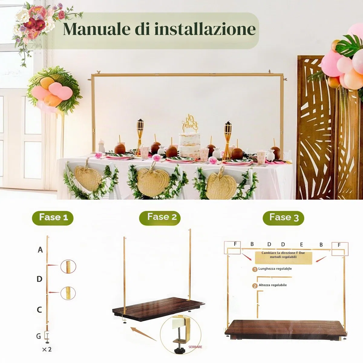 Arco da Tavolo Regolabile, Kit Quadrato con Arco per Palloncino da 120 a 260 cm, Supporto per Binario da Tavolo per Natale, Matrimonio, Compleanno, Decorazione per Feste, Decorazione per Anniversario