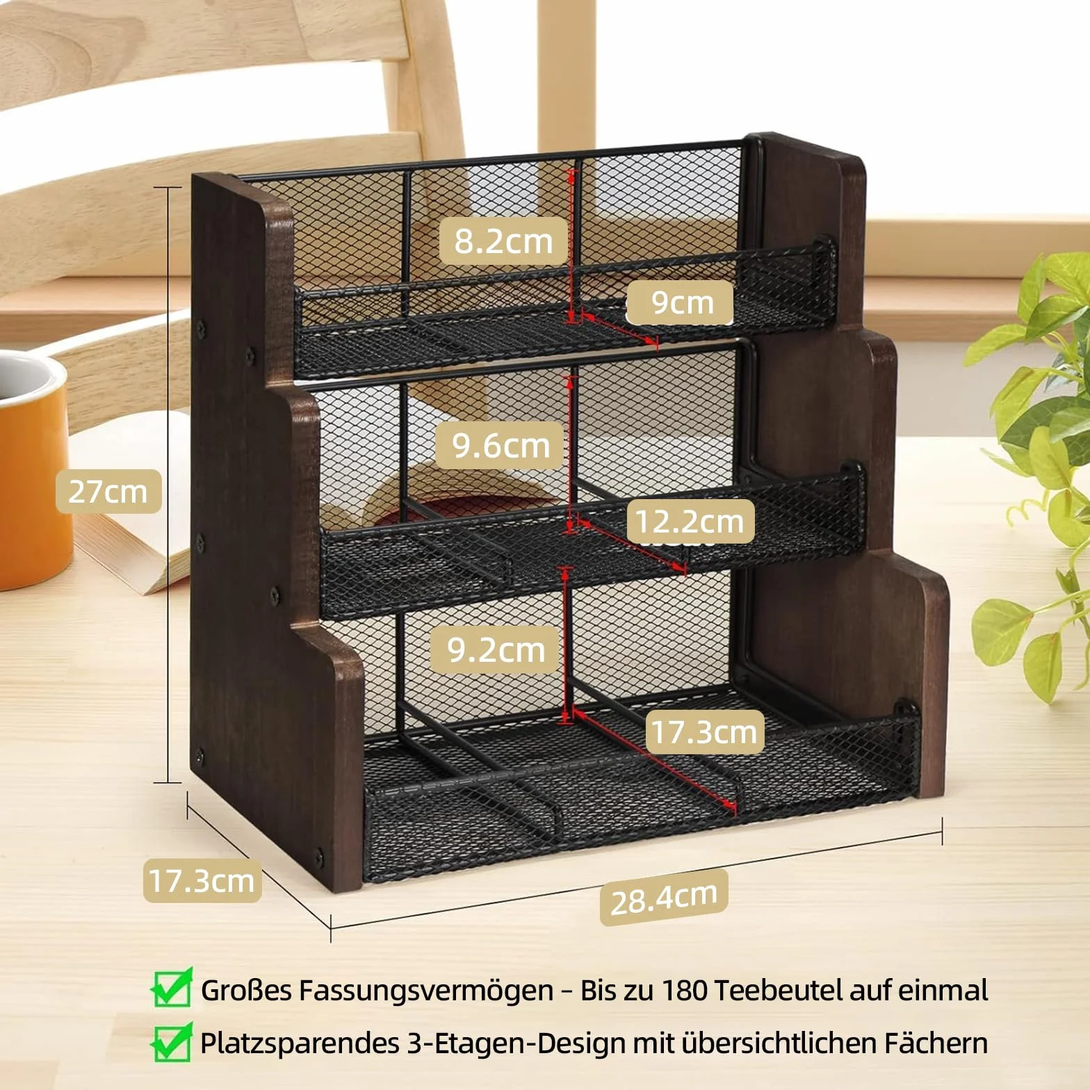 THYGIFTREE Porta bustine di tè a 3 ripiani, in legno massello, organizer per bustine di tè, cucina, ufficio, piano di lavoro, bustine di zucchero, porta creme (nero)