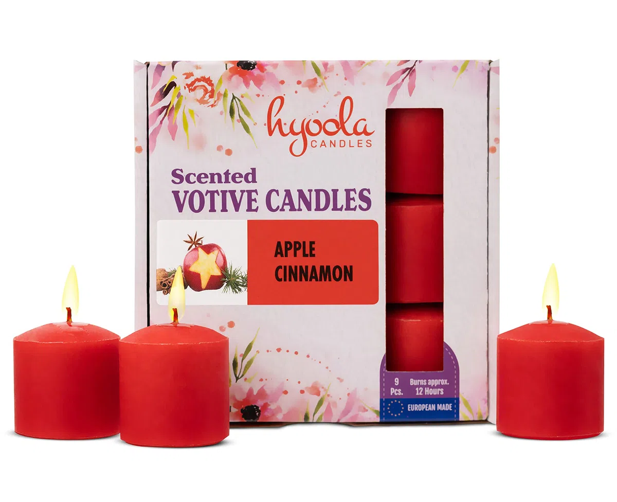 Hyoola Candele Profumate Votive - Candele Profumate Piccole Mela e Cannella - Durata Candela Votiva 12 ore - Set Candele Profumate da 9 - Made in EU