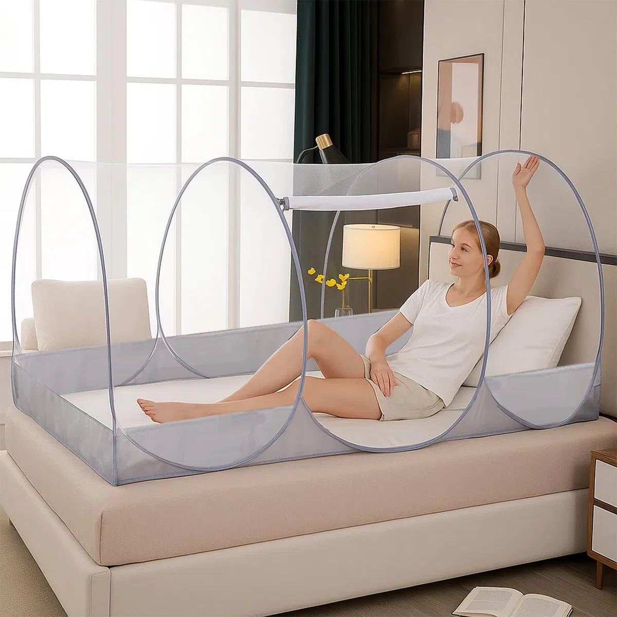 Zanzariera a baldacchino pieghevole, zanzariera per letto singolo per la famiglia con cerniera, tenda da campeggio portatile, zanzariera facile da installare per casa, campeggio, viaggio
