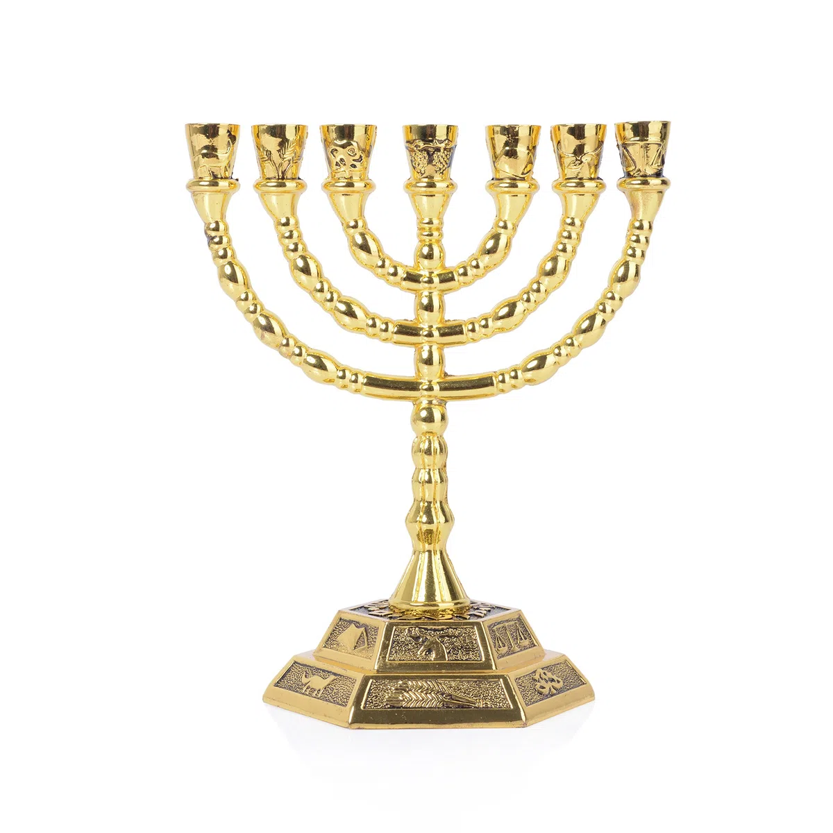 BRTAGG Menorah Candeliere ebraico, 12 tribù d'Israele, 7 rami, altezza 13 cm, oro