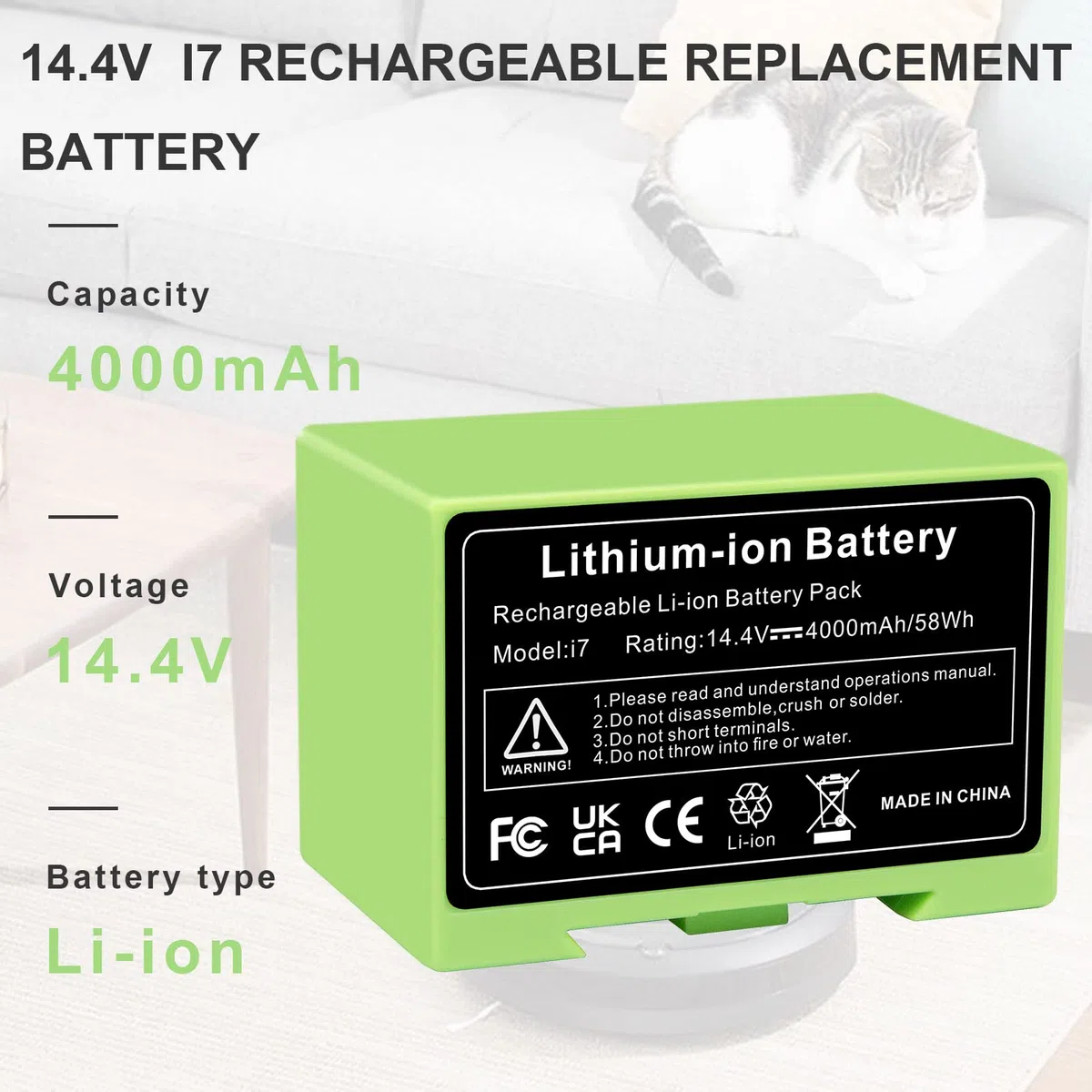 ASUNCELL Batteria agli ioni di litio per i7, 14,4 V, 4000 mAh, per iRobot Roomba e i Serie i7/i7+ i4/i4+ i3/i3+ e5 e6 i7158 i7550 i755020 7150 7550, batteria agli ioni di litio di ricambio