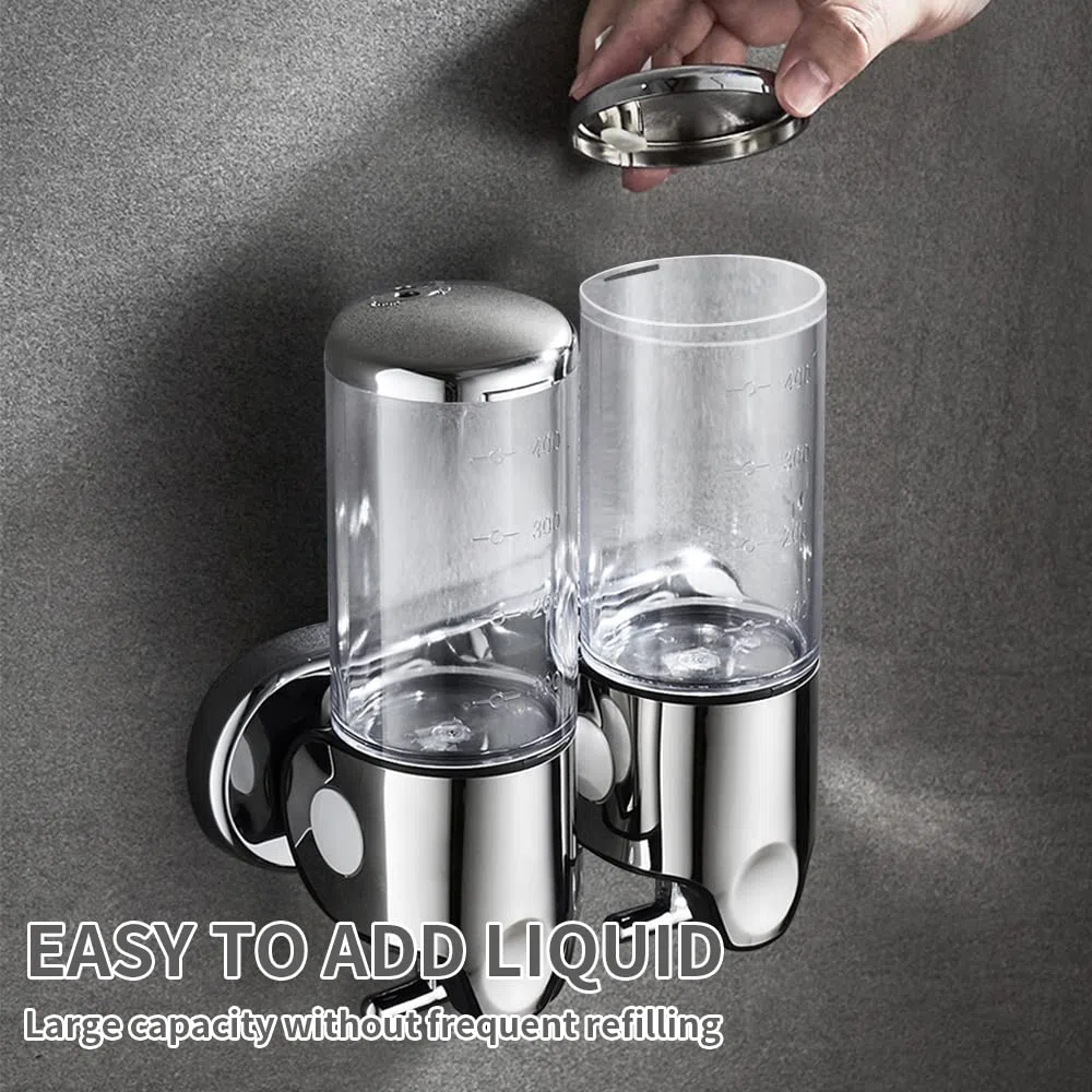 Dispenser di sapone manuale a 2 camere da parete per casa, bagno, cucina, hotel, ristoranti, dispenser per doccia e lozioni, trasparente