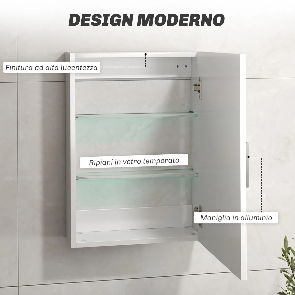 HOMCOM Armadietto Bagno da Parete in Legno e Vetro, Pensile Bagno con 3 Ripiani Regolabili su 3 Livelli, Mobiletto Sospeso con Porta, 40x15x55 cm, Bianco Lucido
