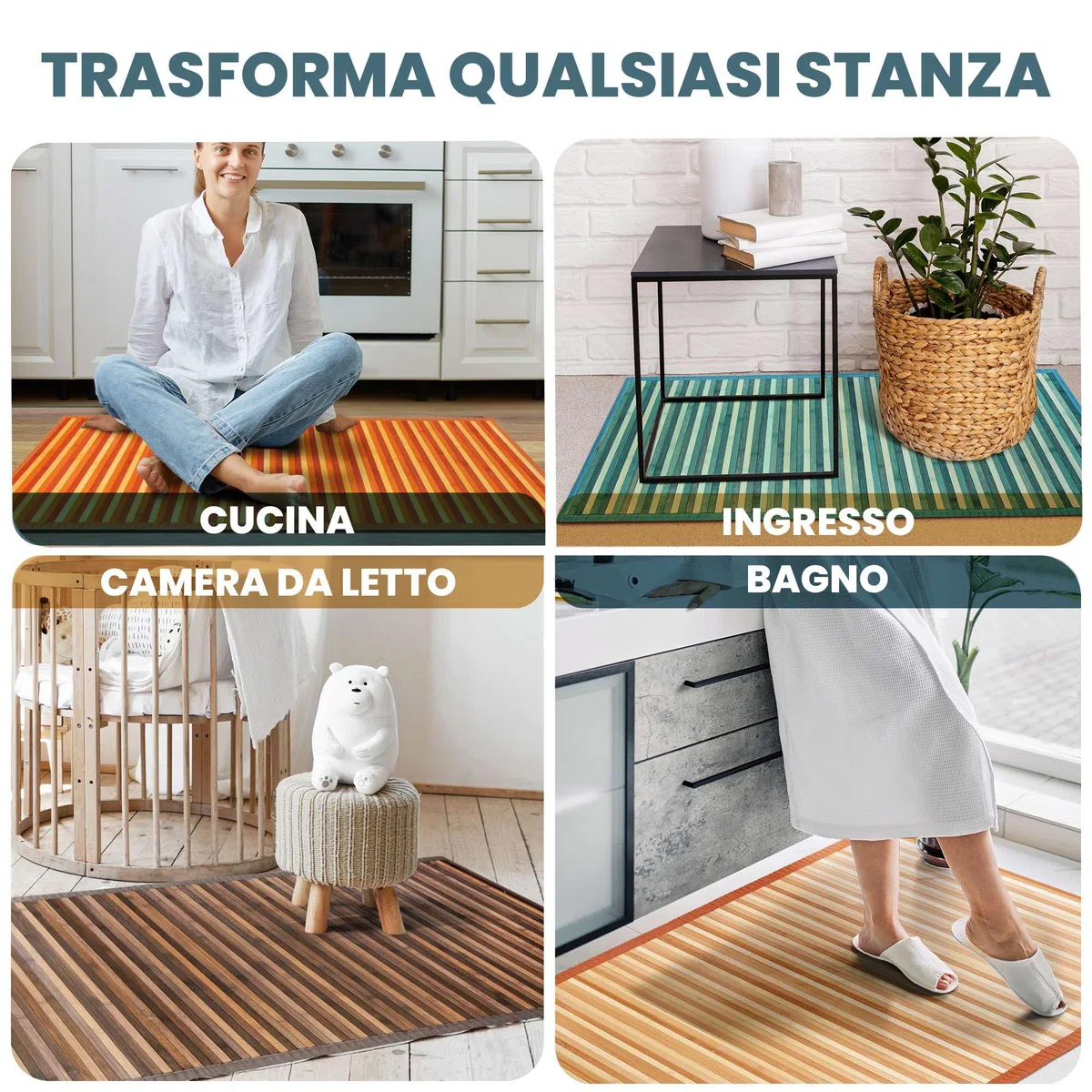 Tappeto Bamboo Cucina Antiscivolo | Passatoia Cucina Idrorepellente, Facile da Pulire e Realizzata con Materiali Sostenibili | Tappeto Bambu Effetto Degrade (Grigio, 50 x 230 cm)