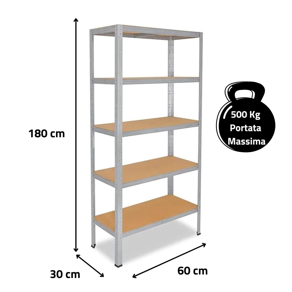 AERREGI SCAFFALE SCAFFLATURA in Metallo per Officina E Garage 180x60x30 cm | SCAFFALE 5 ripiani con pannelli MDF montaggio a scatto semplice | Portata Massima 500 kg