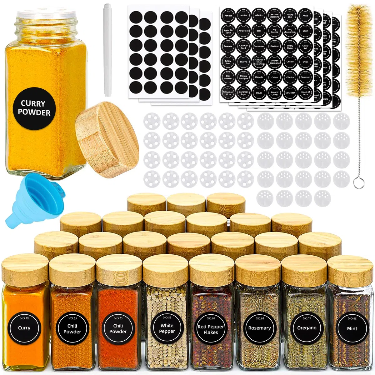 FAMKEEP Barattoli Spezie,24pcs Barattoli Portaspezie Quadrato,Vasetti Portaspezie Vetro con Coperchi in Legna,Contenitori Spezie per Cucina con Setaccio,Etichette,Spazzola, Lmbuto