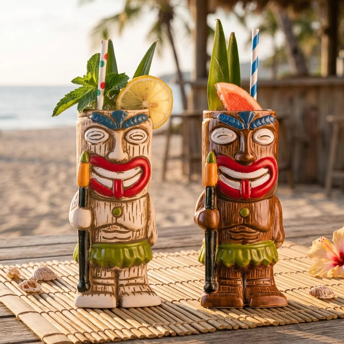 Set da 2 tazze da cocktail Tiki, tazze Tiki in ceramica dal design unico, bicchieri hawaiani per decorazioni per feste tropicali, bicchieri da cocktail per bar di casa, stile 1