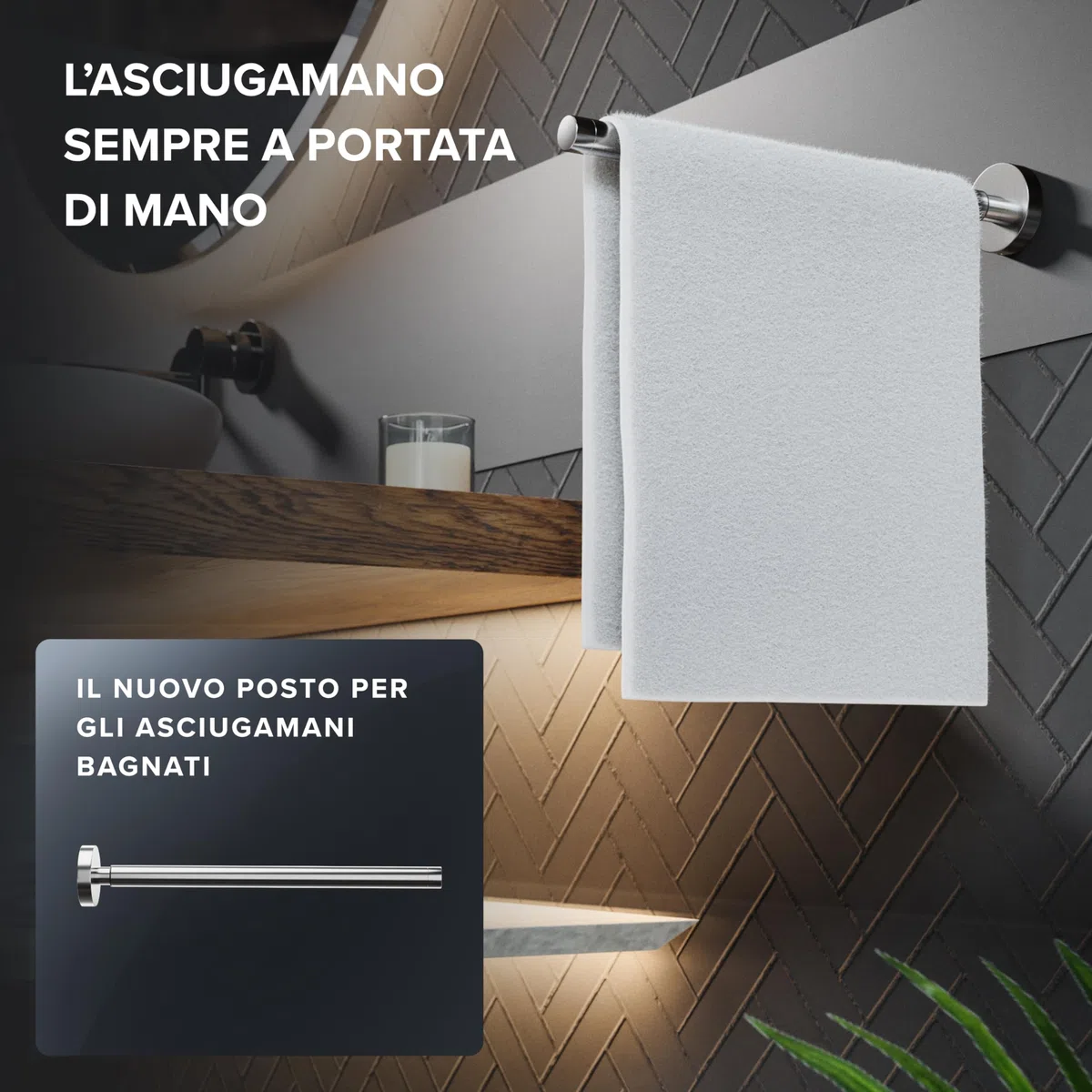 ovimar portasalviette telescopico Lyngvig | acciaio inox | argento | da forare | allungabile con due aste come portasalviette per asciugamani | supporto da forare o incollare alla parete del bagno