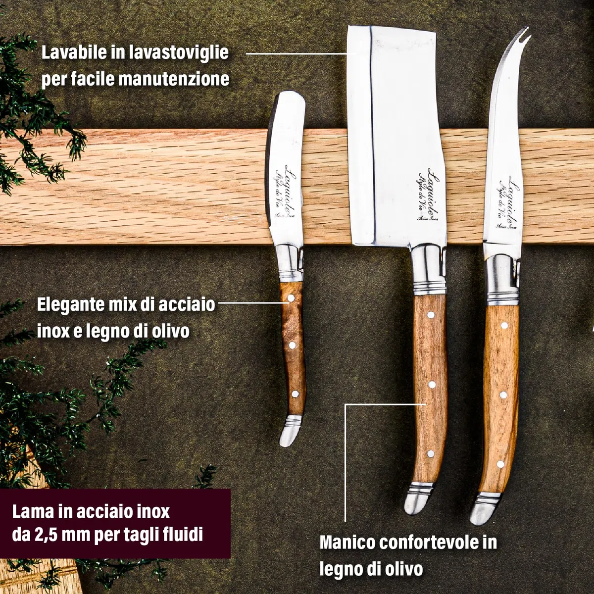 Laguiole Style de Vie Coltello da Formaggio Luxury Line, 3 Pezzi, legno d'ulivo