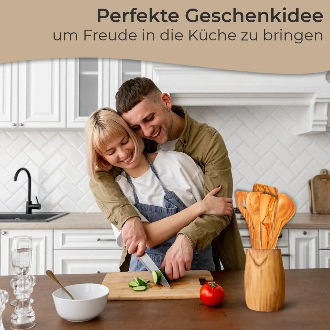 Utensile da cucina in legno d'ulivo, set di cucchiai da insalata, cucchiaio da miele, macinasale o pepe (set da 5 pezzi)