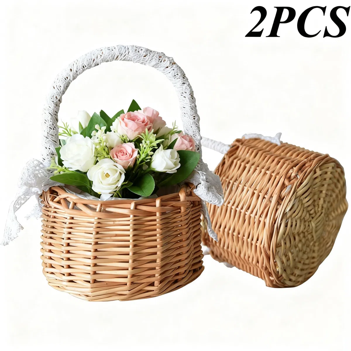 Cestino per Damigelle d’onore Intrecciato a Mano 2 Pezzi Cestino per Fiori Intrecciato Cesto di Vimini per Fiori in Rattan cestino per Damigella Cestini in Vimini con Manico per la Tavola