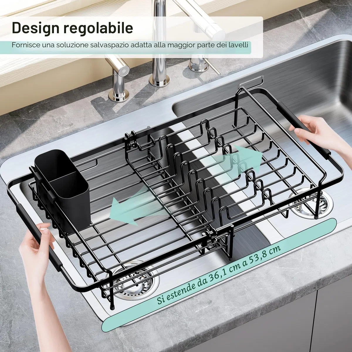 KINGRACK Scolapiatti da Appoggio - Scolapiatti da Lavello con Porta Utensili, Scolapiatti Estensibile Sopra il Lavello, Scolapiatti da Appoggio per Lavello da Cucina per Verdura Frutta Piatti