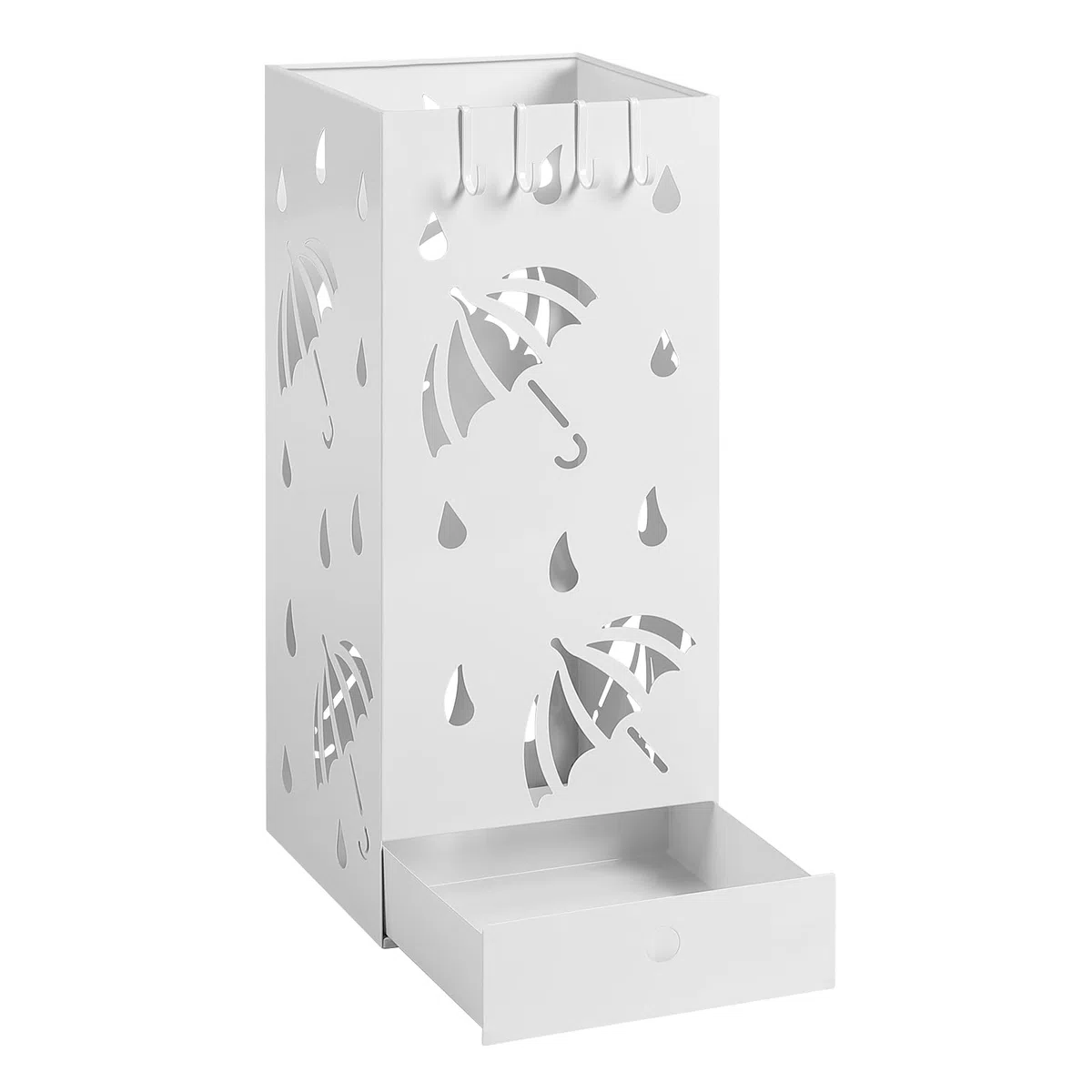 Laneetal Portaombrelli in Metallo con Vassoio Estraibile e 4 Ganci, Portaombrelli con Motivi a Ritaglio di Ombrelli e Gocce di Pioggia, 20x20x49 cm, Bianco