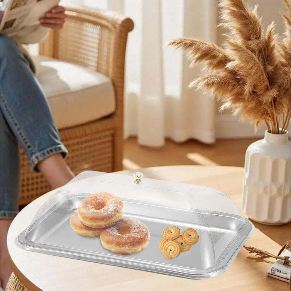 Vassoio per Torte Rettangolare con Coperchio PP Trasparente in Acciaio Inox, Piattino da Portata per Dessert Dolci Frutta, Facile da Pulire per RIST, Cucina e Ricevimento di Nozze, 40x30x2 Cm