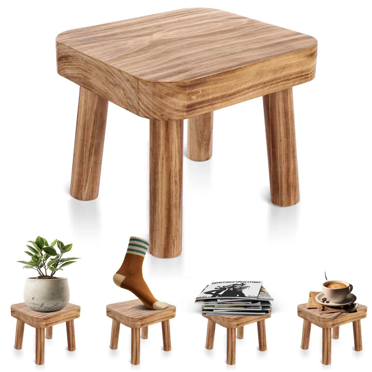 DAJAVE Piccolo sgabello in legno, sgabello per piante, sgabelli per mungitura in legno, sgabelli per interni per bambini, tavolino per piante da appartamento, comodino per camera da letto, 24 x 22 x