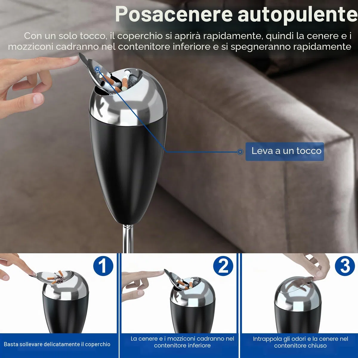 RELIANCER Posacenere da pavimento con coperchio, regolabile in altezza da 54,6 cm a 88,9 cm, in acciaio inox, contemporaneo, autopulente, telescopico, posacenere per sigarette, posacenere alto da
