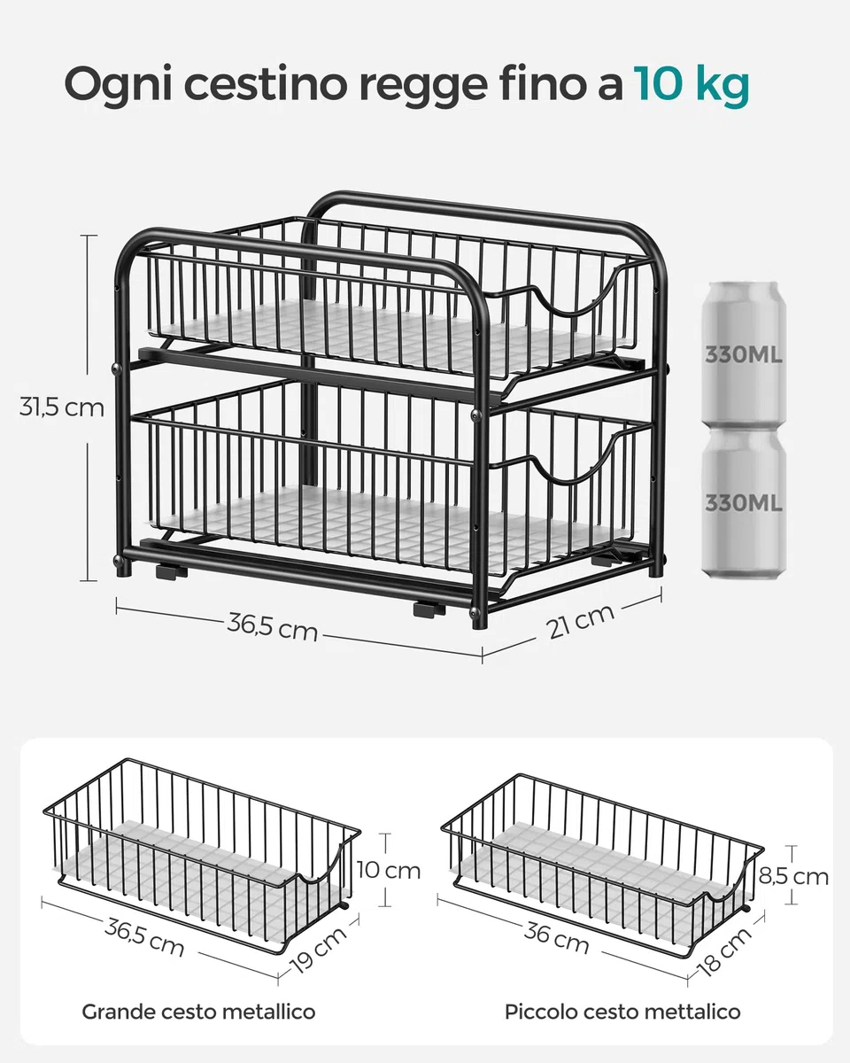 SONGMICS Organizzatore da Cucina, Scaffale a 2 Ripiani Estraibili per Armadietto, Organizzatore Impilabile Sottolavello con Cassetti Portaoggetti, per Cucina, Bagno, Nero Inchiostro KCS017B01V1