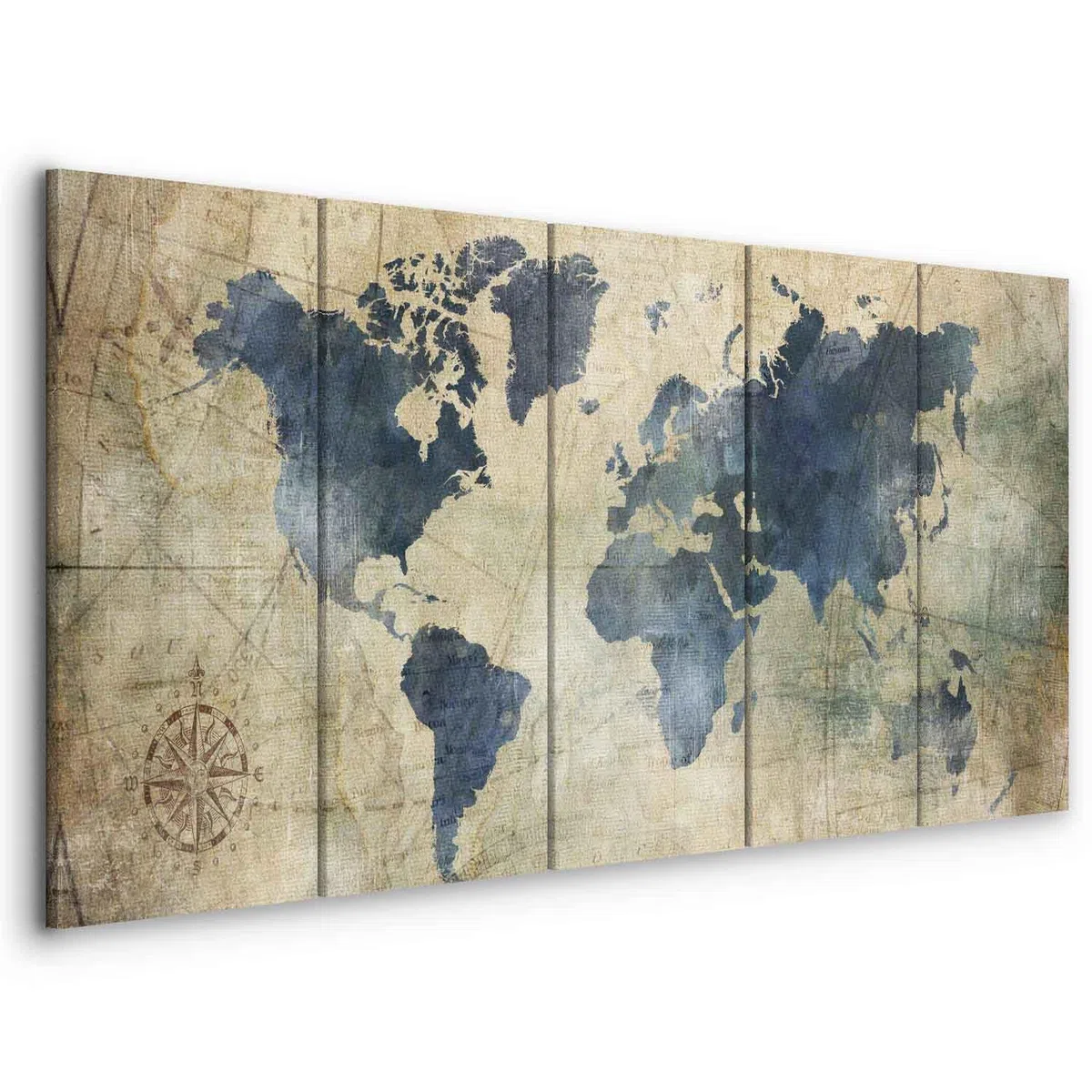 murando - Quadro Mappamondo 150x60 cm 5 pezzi Stampa su tela XXL Immagini Moderni Quadri Murale Fotografia Grafica Soggiorno Decorazione da parete Rosa dei Venti Blu Terra Mondo k-A-0415-b-m