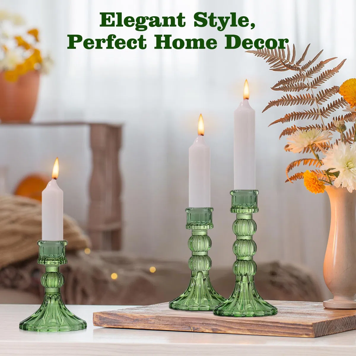 Lewondr Set di Candelabro in Vetro Trasparente, 3 Pezzi Accessori Decorazioni Tavolo Porta Candele, Candelieri con Design a Strisce Verticali per Tavolo, Casa, Matrimoni, Feste, Verde