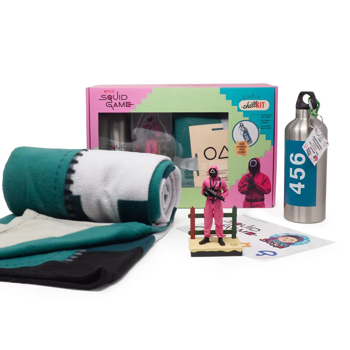 Neamedia Icons Netflix Chill Kit - Squid Game, licenza ufficiale, coperta in pile, statuetta da collezione, borraccia isoterma, adesivi, idea regalo di Natale, compleanno