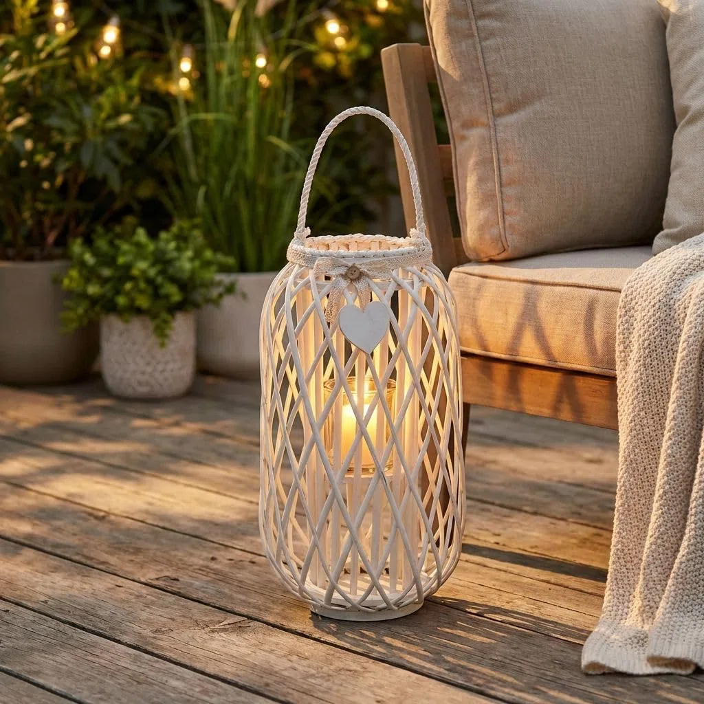 milani home Lanterna in Vimini Bianca Diametro 31x66 per Interno E Esterno, Portico, Porta Candela, Porta Fiori, Giardino Decorazioni